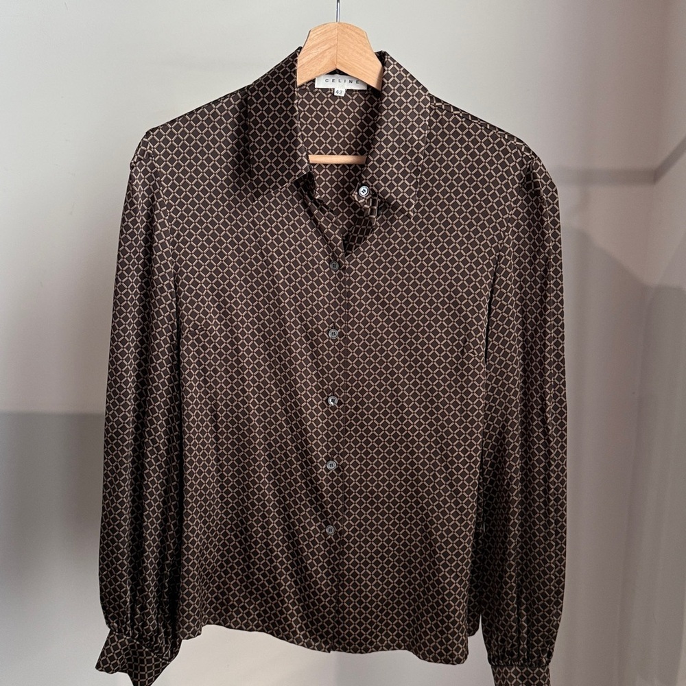 Celine Silk Tan Brown Patterned Button Down Shirt Size 42 US 10